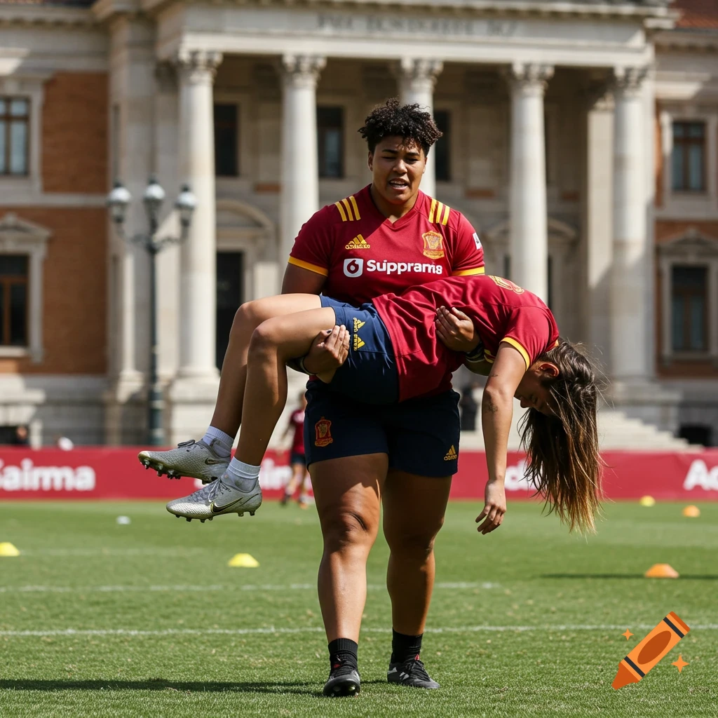 A strong female rugby player in a red jersey carries a fainted teammate over her shoulders on a green field with a classical building in the background.