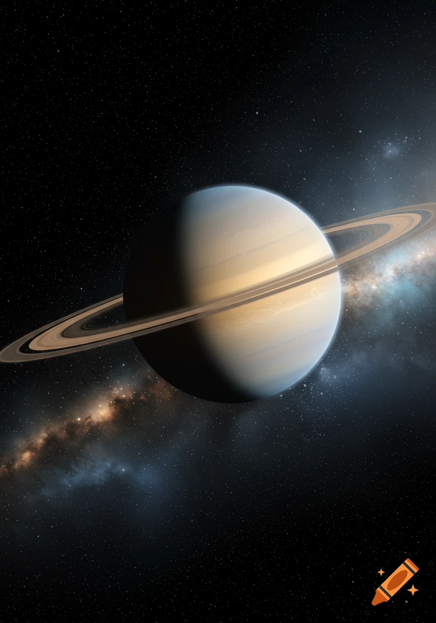 Photorealistic depiction of Saturn and its rings against a dark starry sky with a faint galaxy.