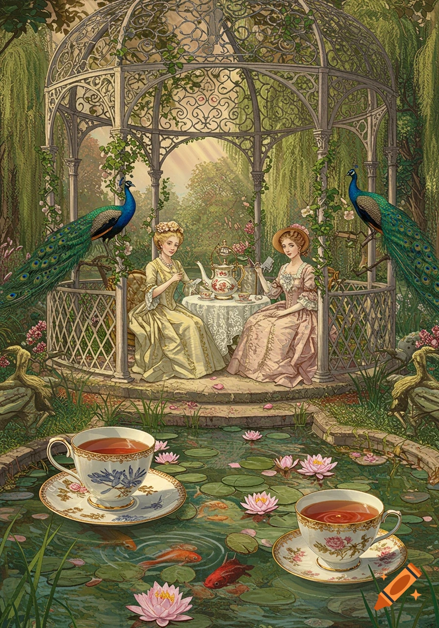 Victorian women in a gazebo, having a tea party beside a pond filled with tea and goldfish, while teacups float with pond water.