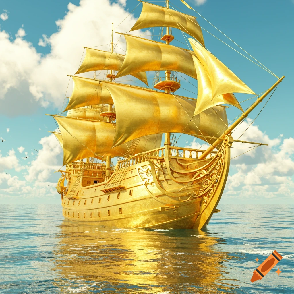 A grand golden sailing ship with many sails floats on a calm blue sea under a partly cloudy sky.