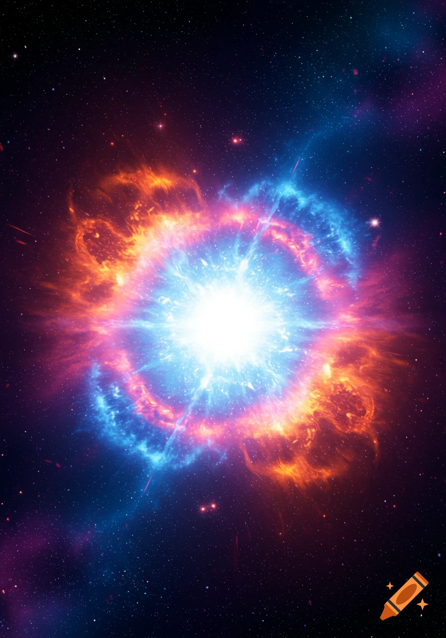 A bright, colorful supernova explosion with blue and orange energy expanding in deep space, filled with stars.