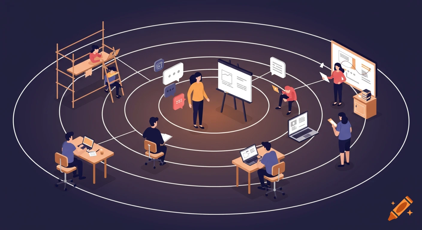 An isometric vector illustration of a collaborative classroom landscape. People interact in concentric zones with laptops, whiteboards, and speech bubbles.