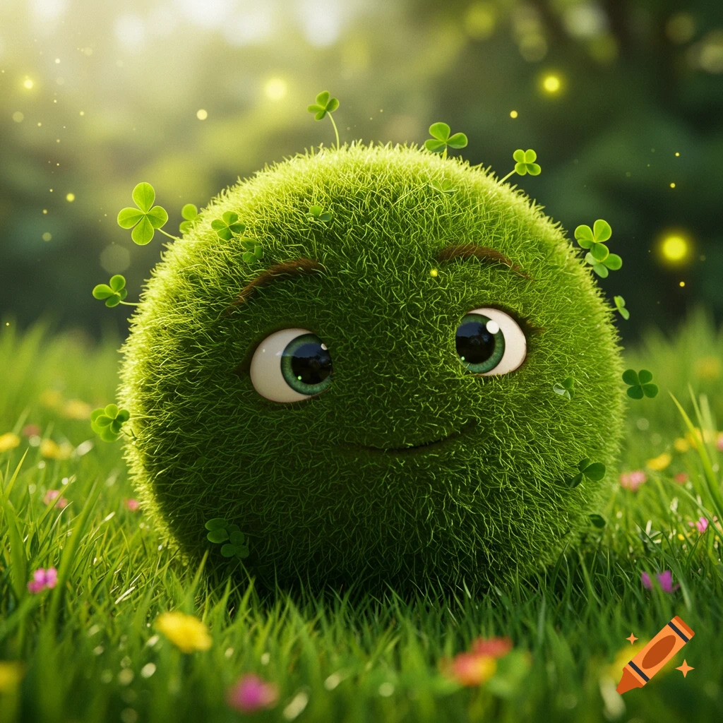 A fluffy green moss ball creature with big eyes and a smile, covered in shamrocks, sits in a sunlit grassy field with flowers.