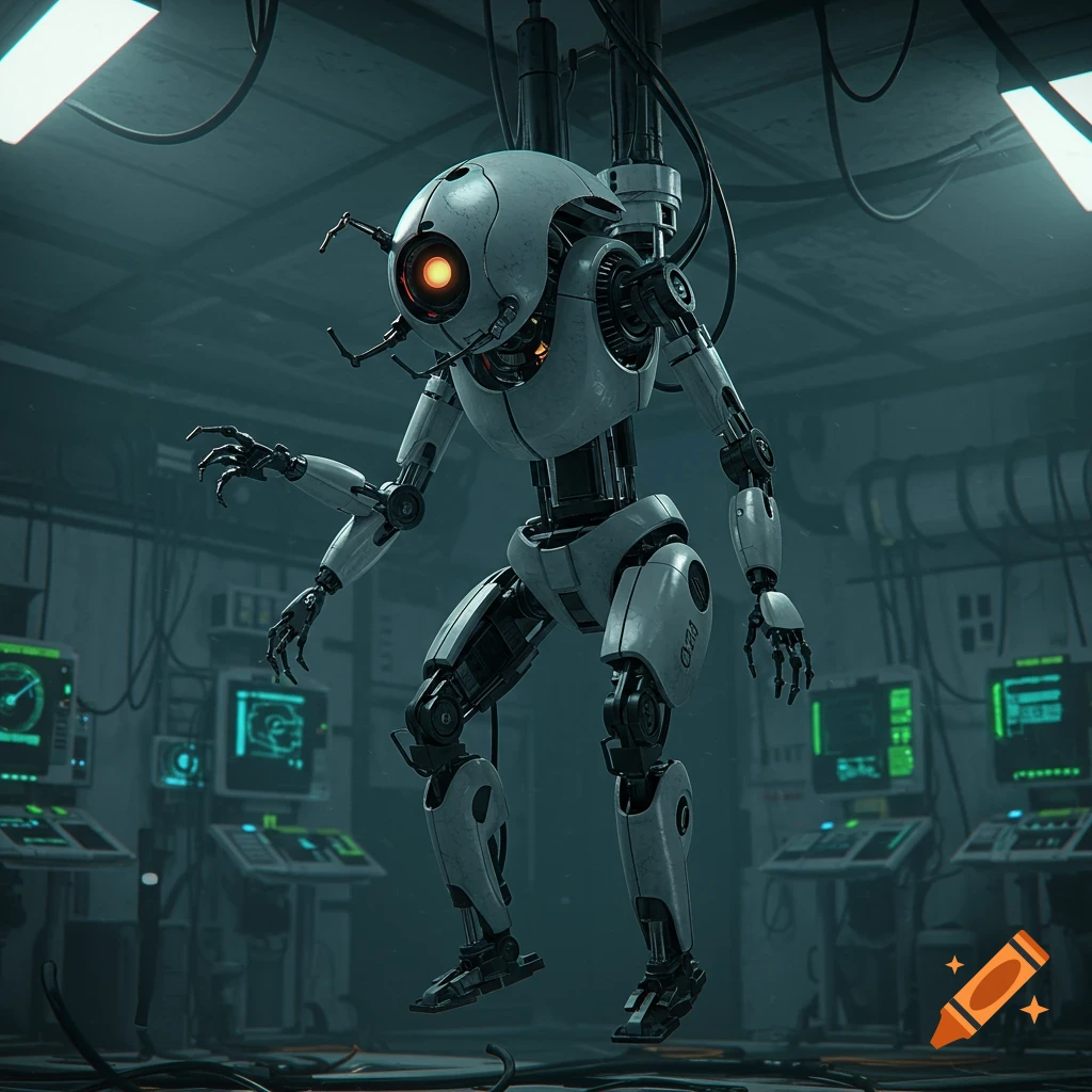 A detailed GLaDOS-like robot hangs in a dark, futuristic laboratory, wires connecting it to the ceiling.