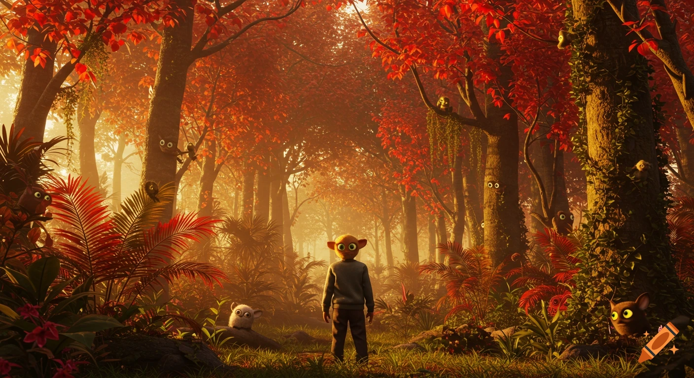 A warm, misty autumn forest with red-orange trees, a central large-eyed creature, and other small creatures peering from foliage.