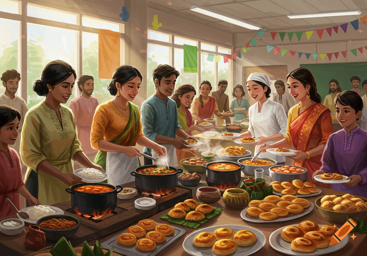 Illustration of people at a vibrant cultural food fair, serving various dishes like rice, soups, and baked treats.