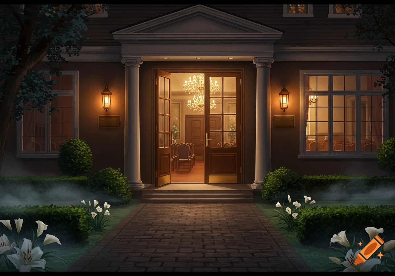 A grand building entrance at night, illuminated by sconces and interior chandeliers, with a brick path, white flowers, and hedges.