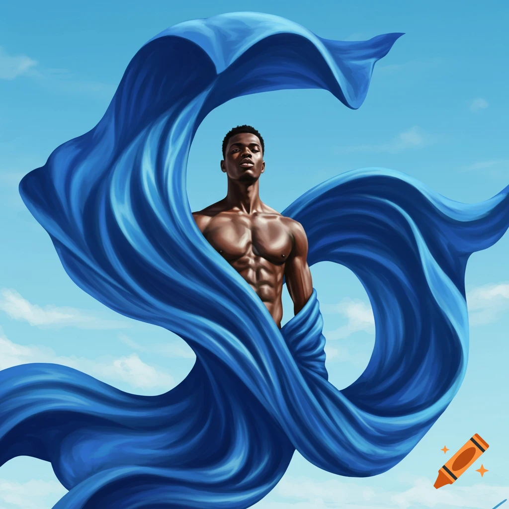 A muscular Black male model with an athletic build is partially wrapped in voluminous, flowing blue fabric against a bright blue sky.