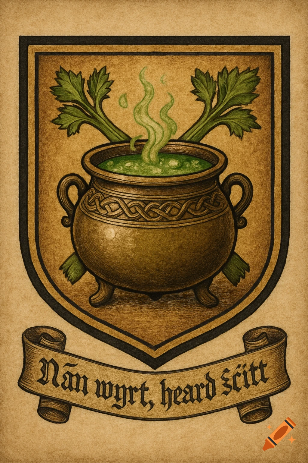 A medieval heraldic coat of arms featuring a bronze cauldron with green bubbling soup, crossed celery, and a banner with 'Nān wyrt, heard scītt'.