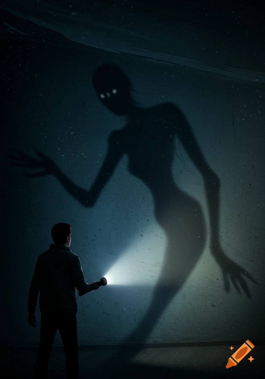 A man shines a flashlight at a wall, casting a large, menacing shadow figure with glowing eyes, in a dark, stylized illustration.