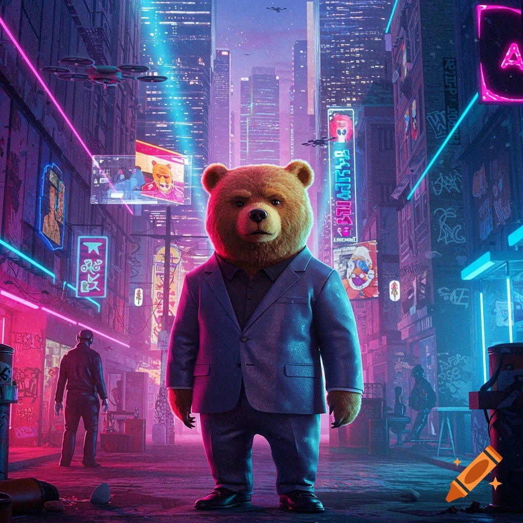 A dapper anthropomorphic bear in a suit stands in a vibrant, neon-lit cyberpunk city street at night, with towering buildings and flying drones.