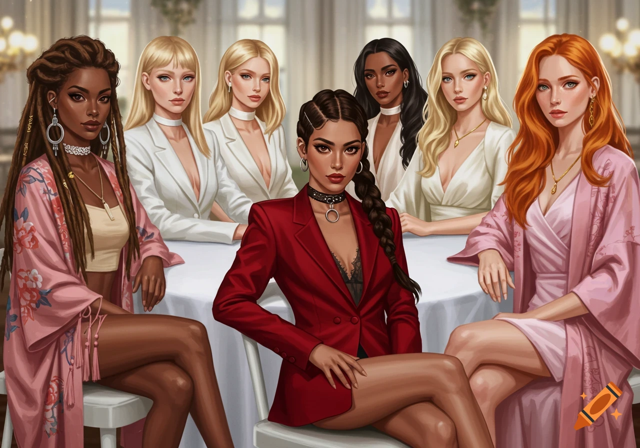 Six diverse women with various hairstyles and elegant clothing sit around a white table in a detailed, illustrative style.