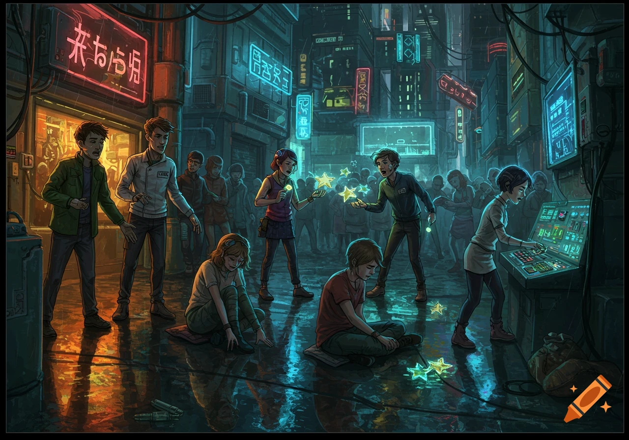 An animated cyberpunk street scene with people, glowing stars, and neon signs, one person at a control panel.