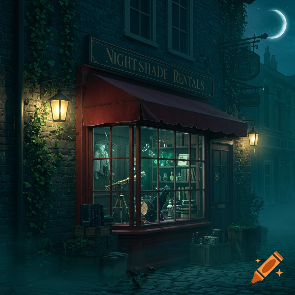 A mysterious 'Nightshade Rentals' shop with a red awning on a foggy cobblestone street at night, lit by lanterns and a crescent moon.