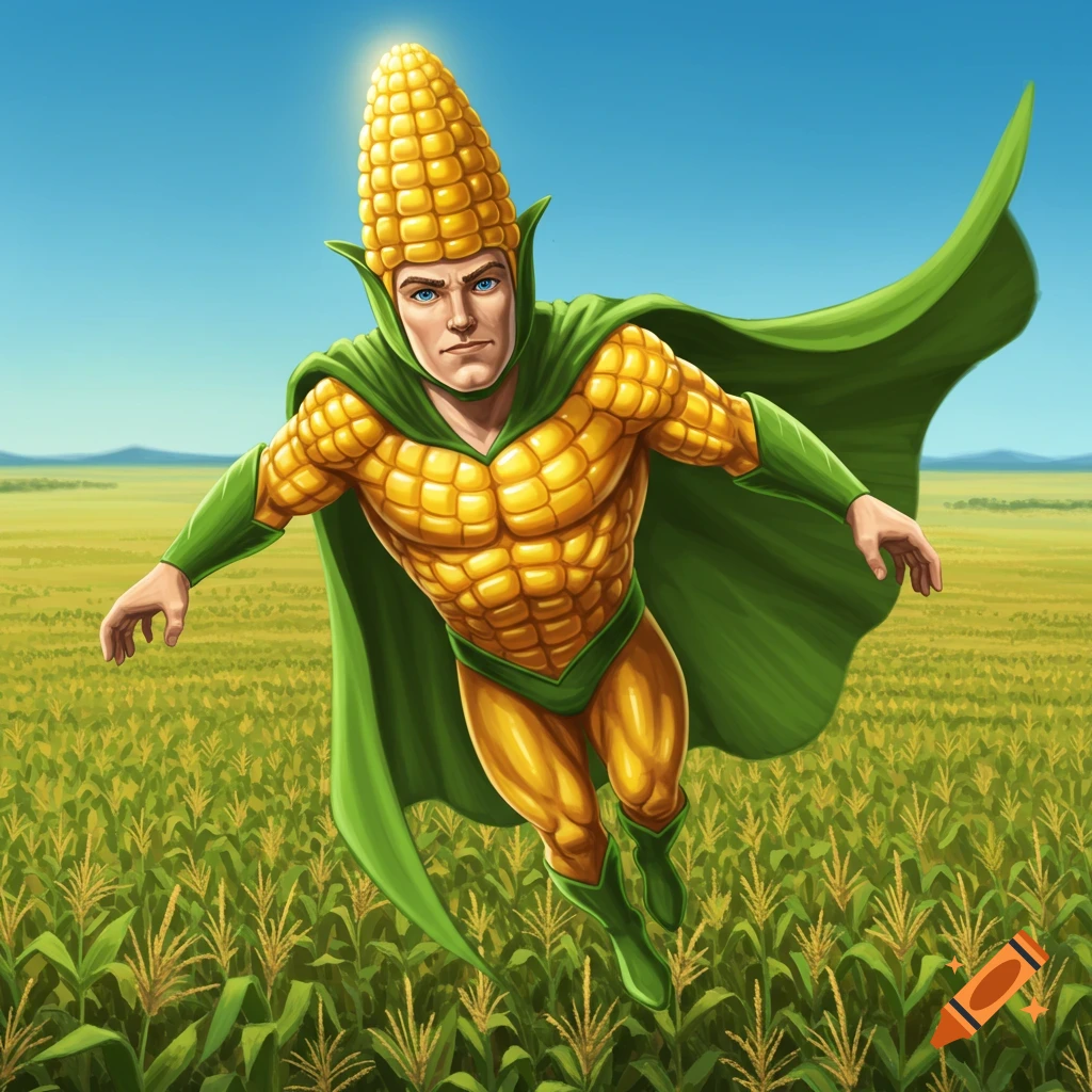 Illustrated Cornman superhero flying over a green cornfield under a blue sky.