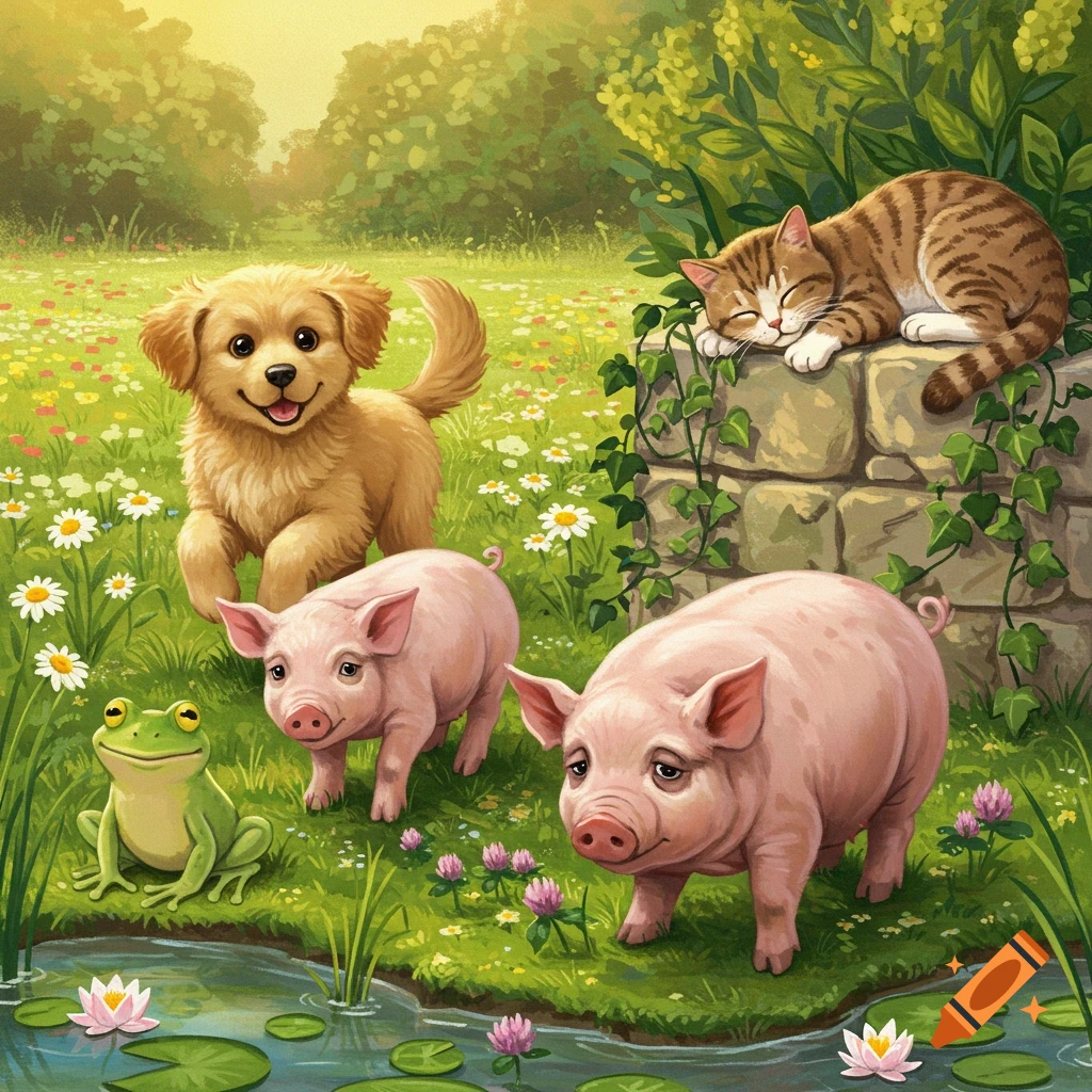 A cute golden retriever puppy, two piglets, a frog, and a sleeping tabby cat in a colorful, illustrated grassy field with flowers, trees, and a pond.