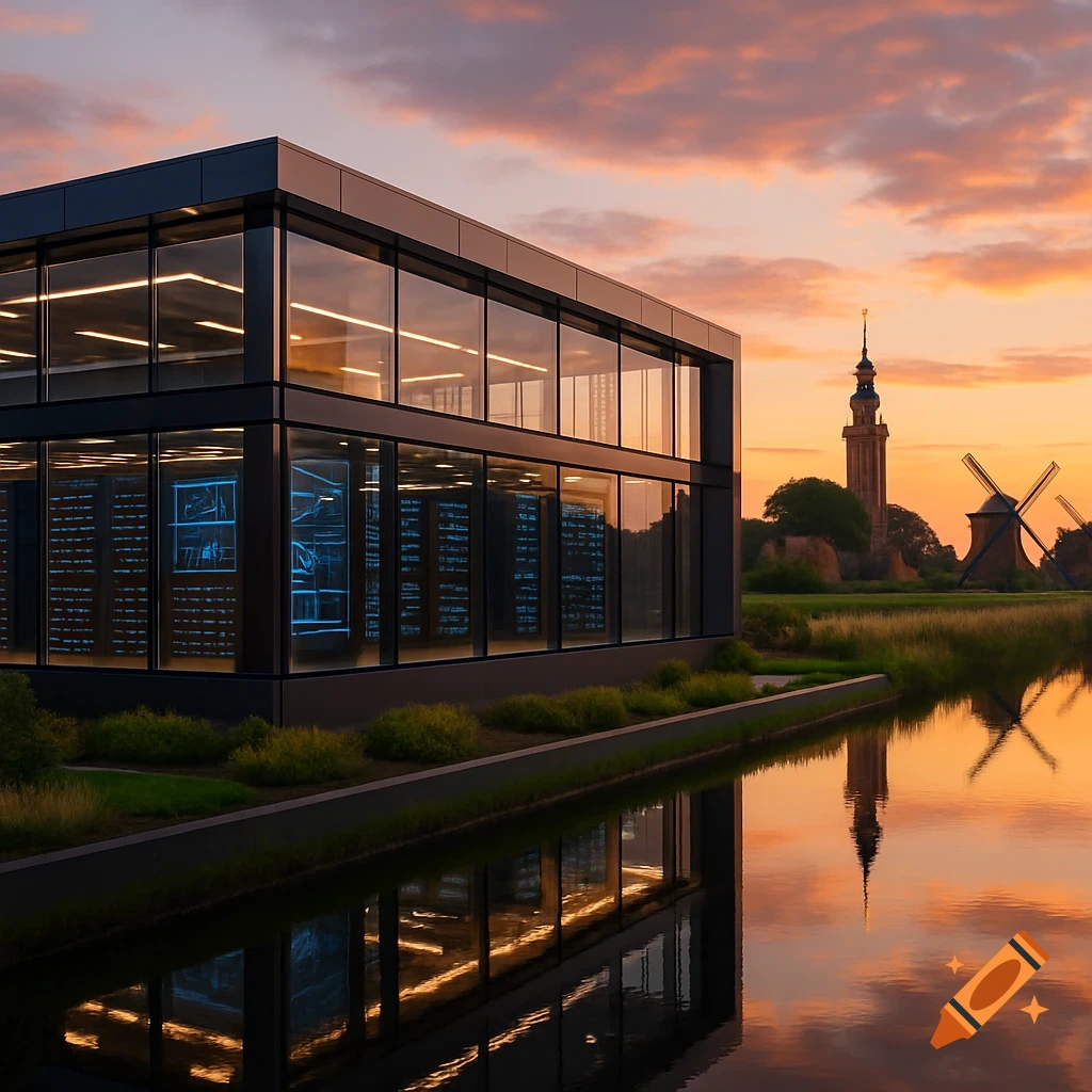 A modern data warehouse with glass walls by a canal reflects a sunset sky with a distant church tower and windmills.