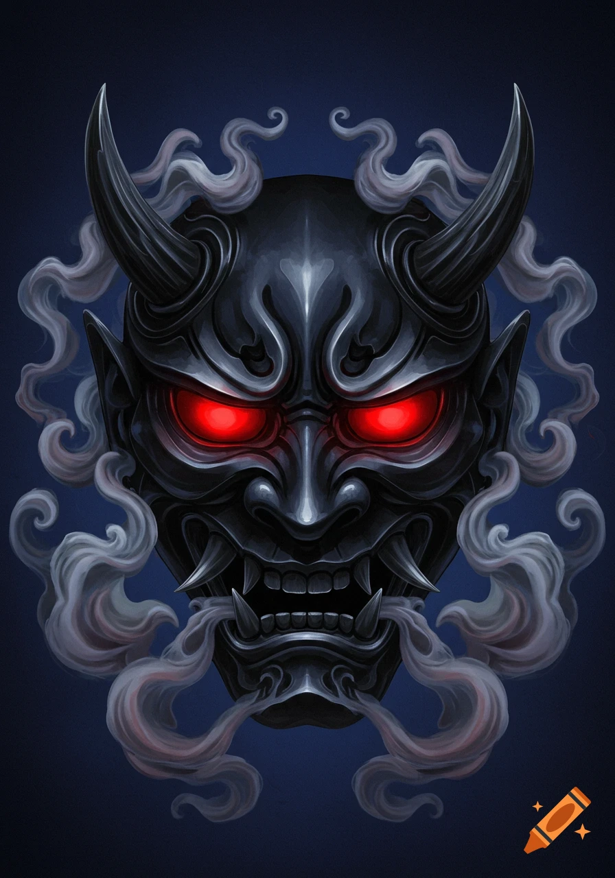 A dark metallic Japanese demon mask with glowing red eyes and horns, exhaling smoke against a dark blue background.