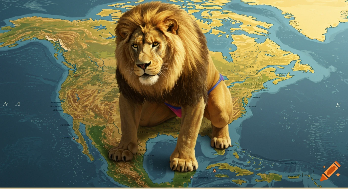 A photorealistic lion wearing a pink and blue speedo kneels on a detailed map of North America.