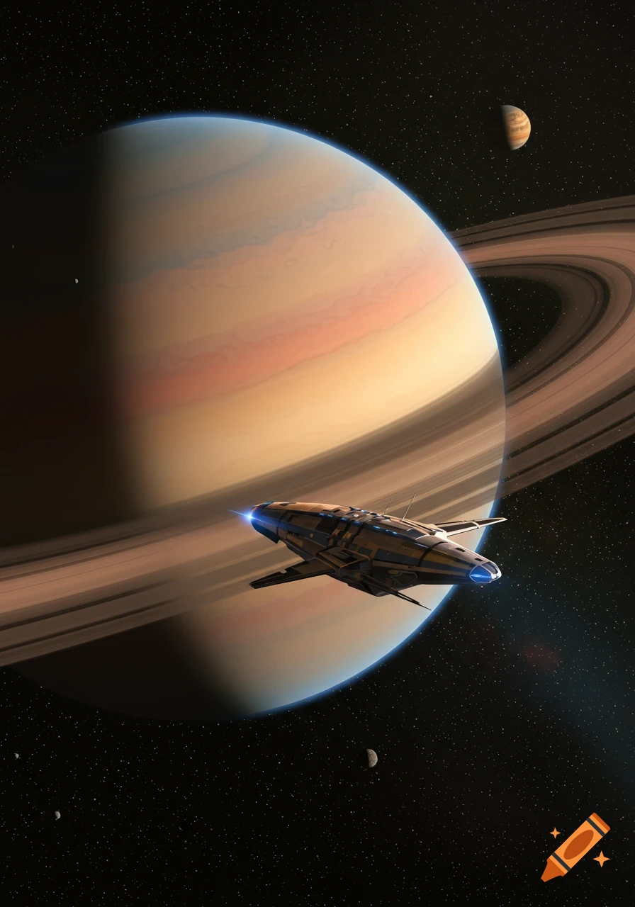 A futuristic spaceship with blue lights orbits a large, ringed planet and moons in dark space.