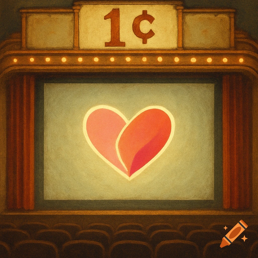 A stylized illustration of a movie theater with a '1' sign above a screen showing a glowing red and pink heart.