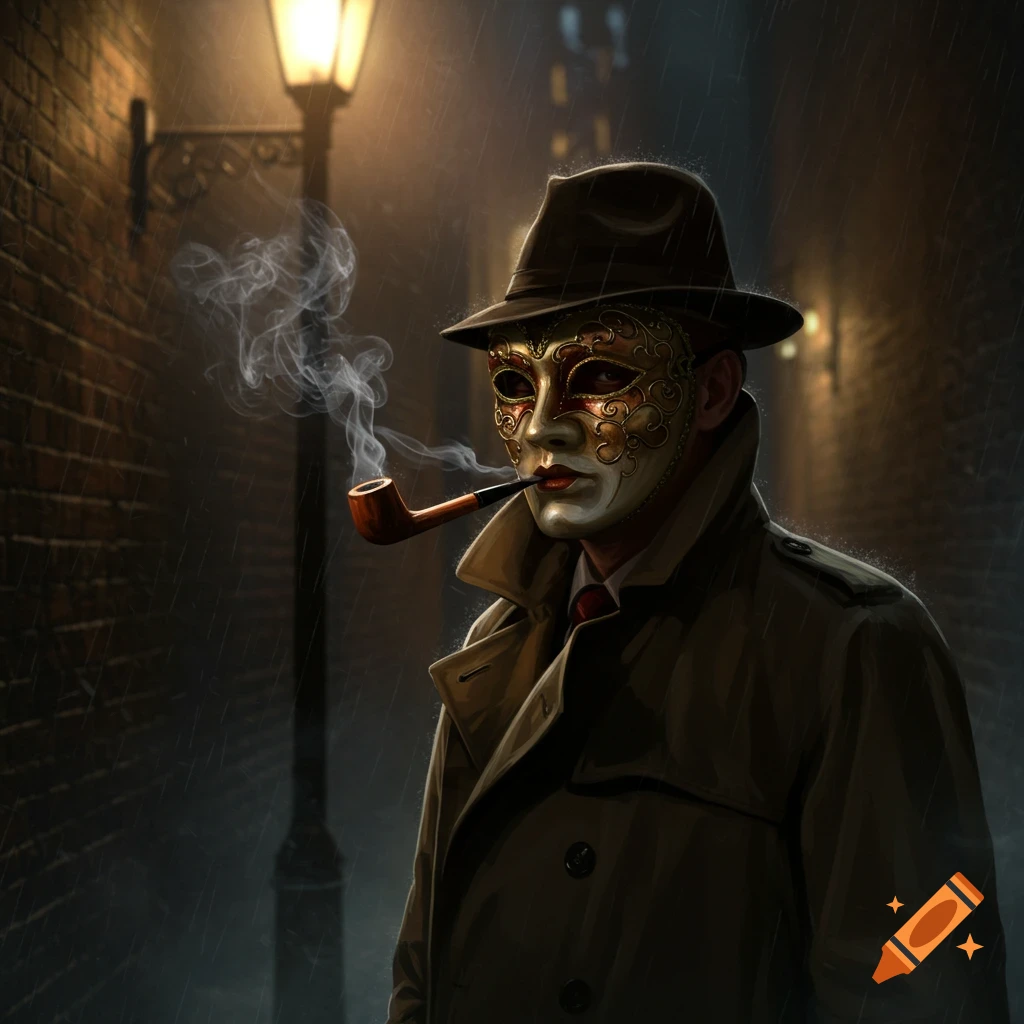 A person in a trench coat, fedora, and ornate gold and white Venetian mask smokes a pipe in a dark, rainy alley under a street lamp.
