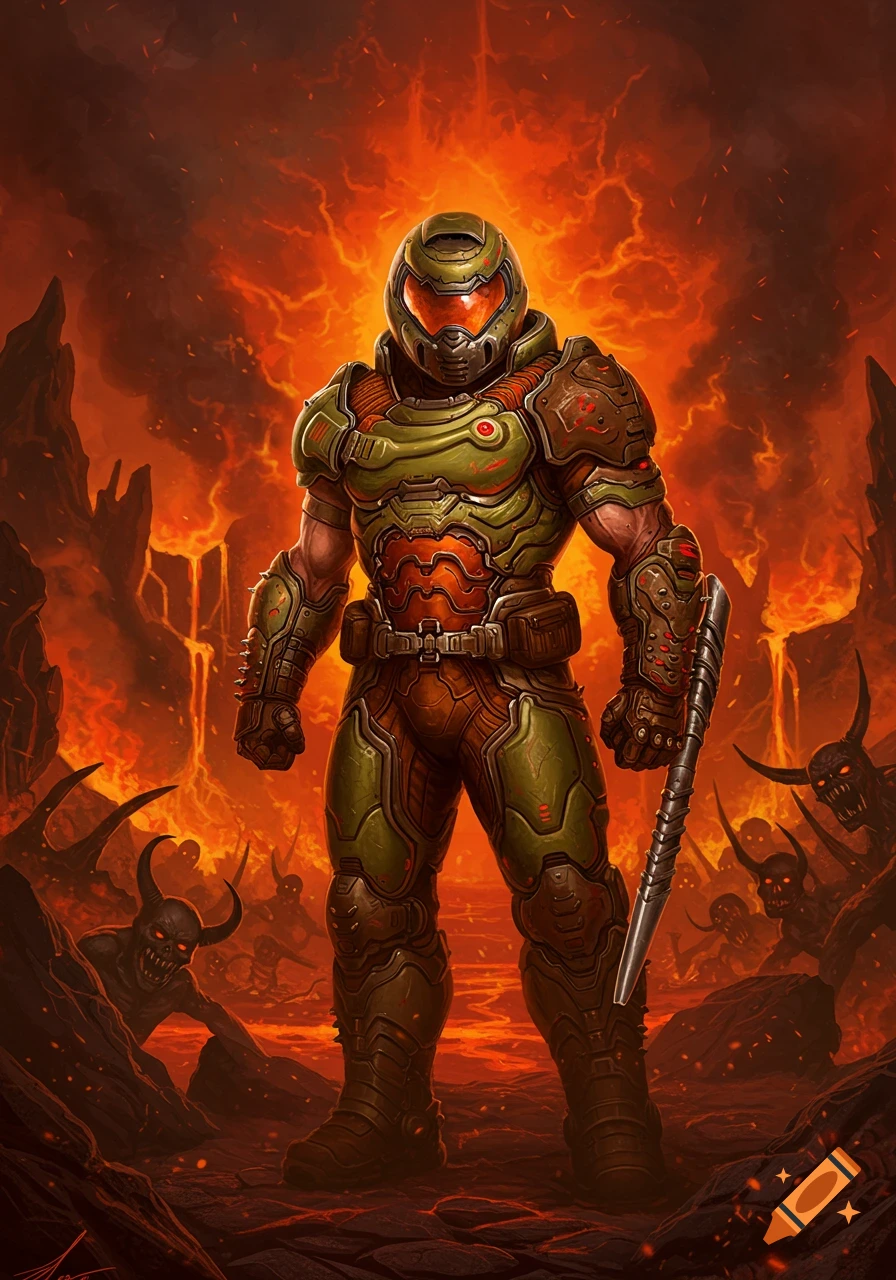 Doom Guy in futuristic armor stands against a backdrop of fire, lava, and horned demons in a hellish landscape.