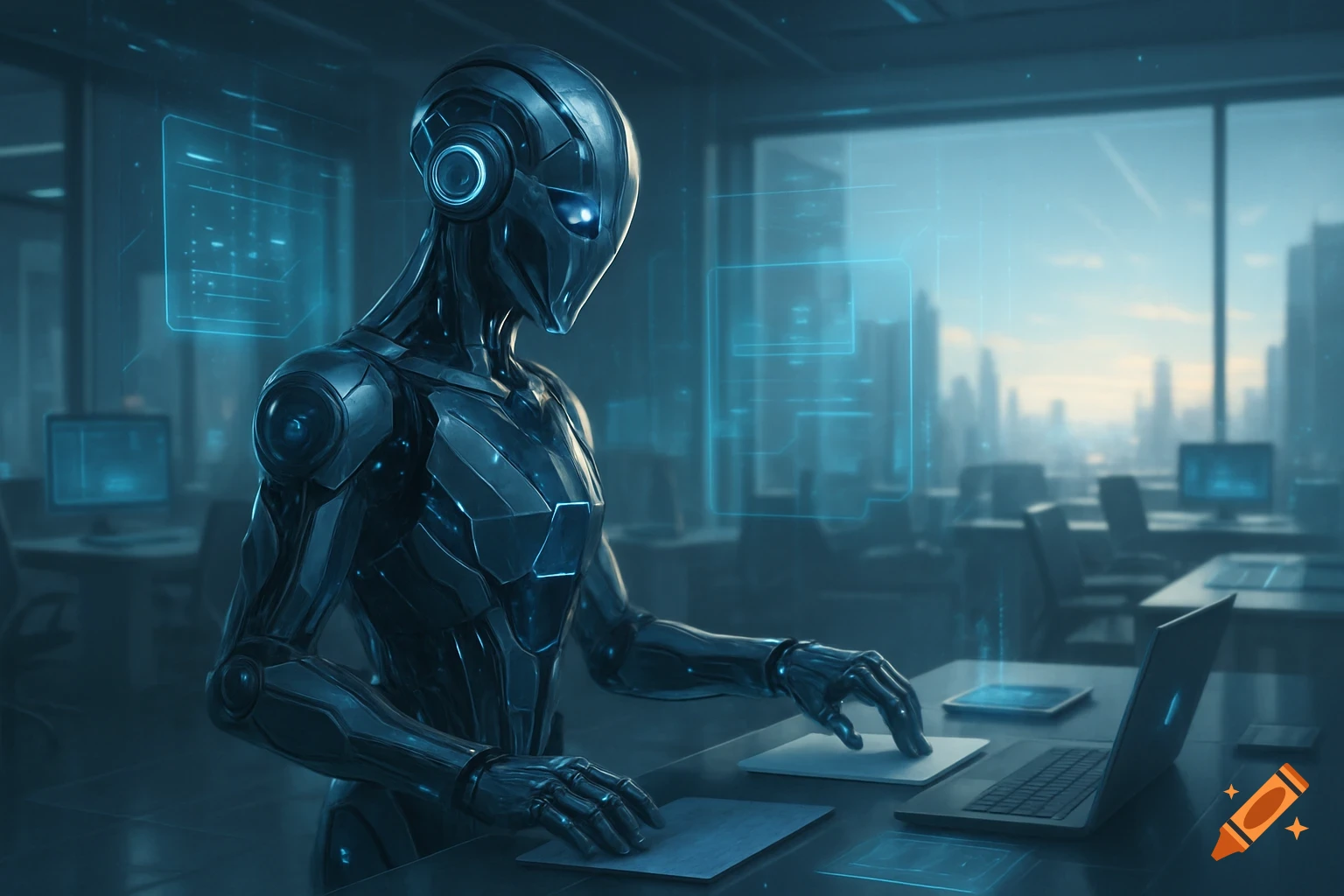 A dark metallic robot with glowing blue lights works at a desk in a futuristic office overlooking a city.