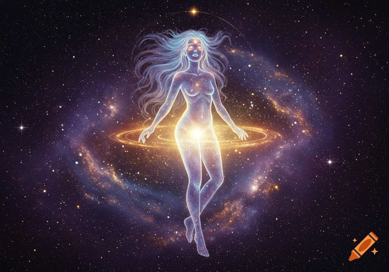 A glowing, ethereal woman with long flowing hair floats in a cosmic starry nebula, surrounded by golden rings.