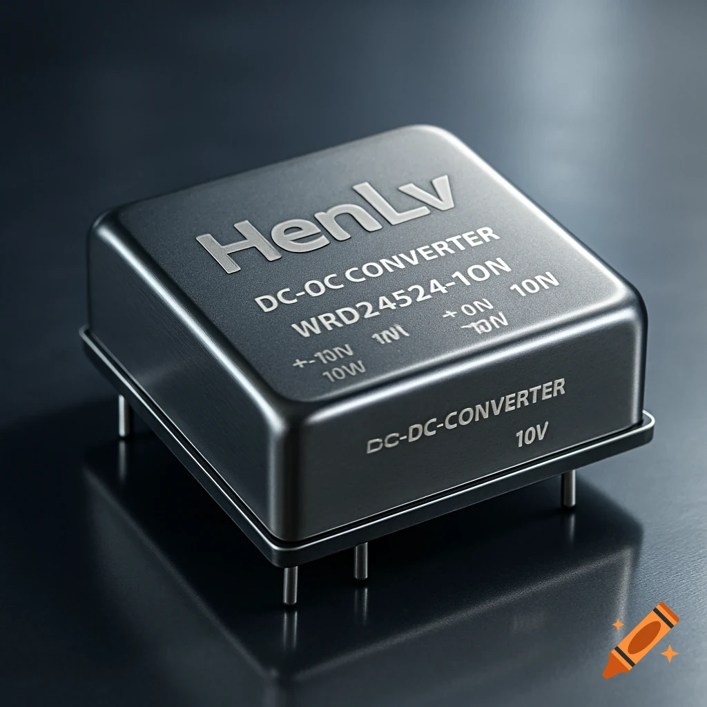 A photorealistic image of a black DC-DC converter module with 'HenLv WRD24S24-10N 10W' etched on its top surface.