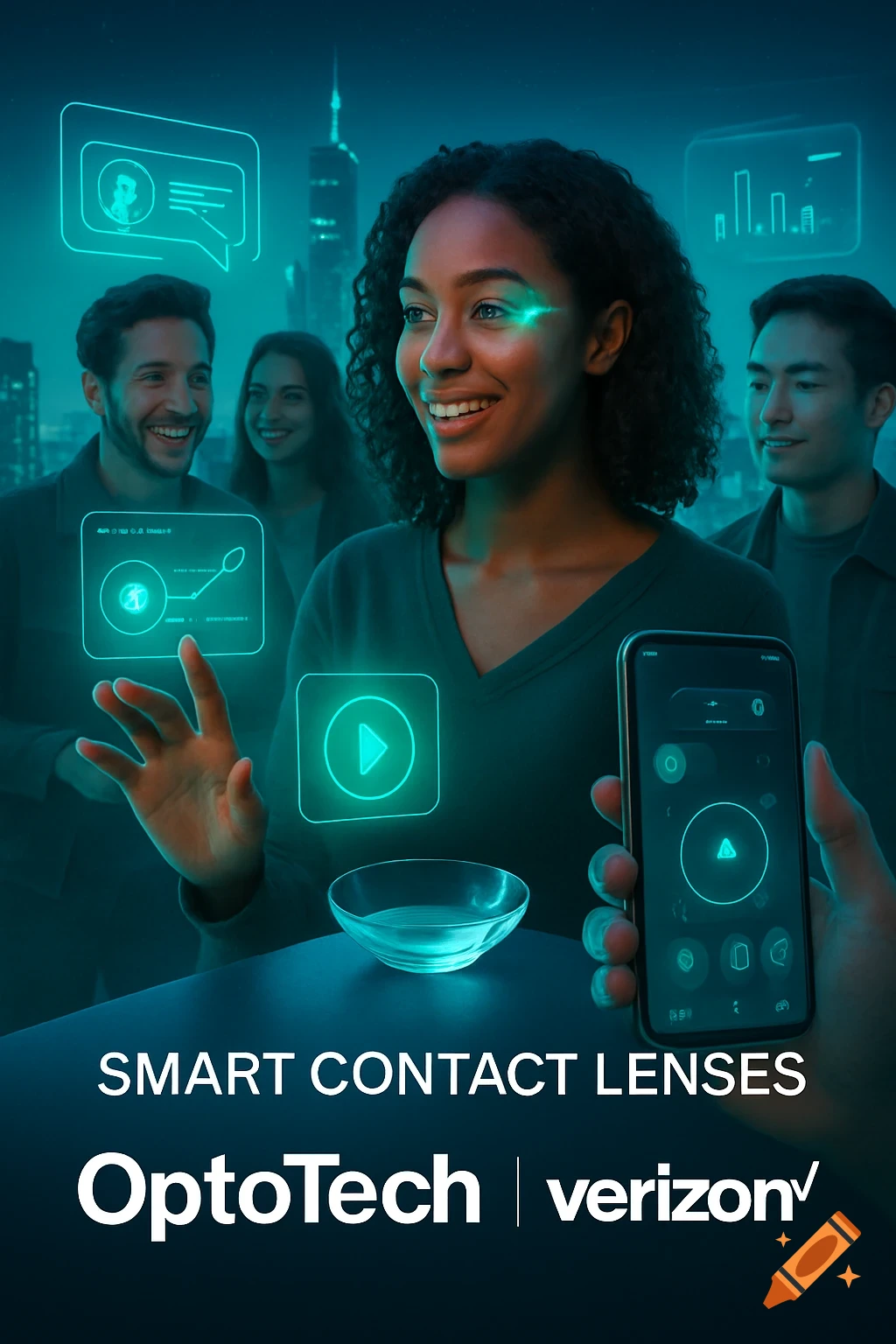 A smiling woman with glowing smart contact lenses and holographic UI, surrounded by people in a futuristic city. Text: SMART CONTACT LENSES OptoTech | verizon.