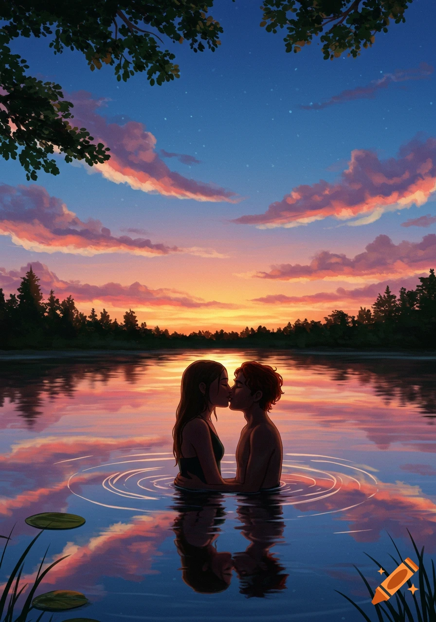 An illustrated couple kisses intimately in a lake at sunset, surrounded by trees and colorful reflections.