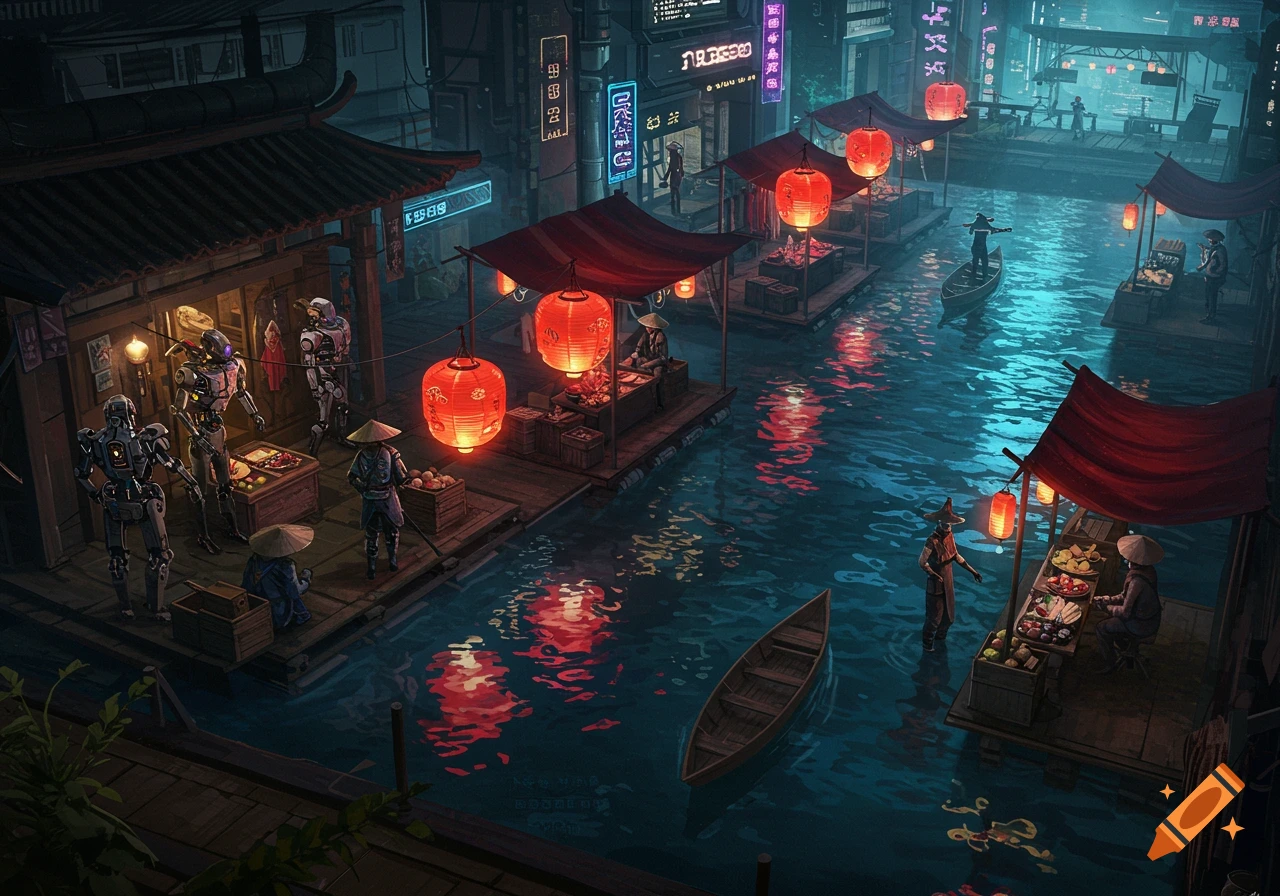 An ultra-detailed digital painting of a cyberpunk floating market at moonlight, viewed from above, with neon reflections in the water and colorful mist around futuristic buildings. Three robots are on the left, and two humans are on the right, with five red lanterns suspended above the stalls.