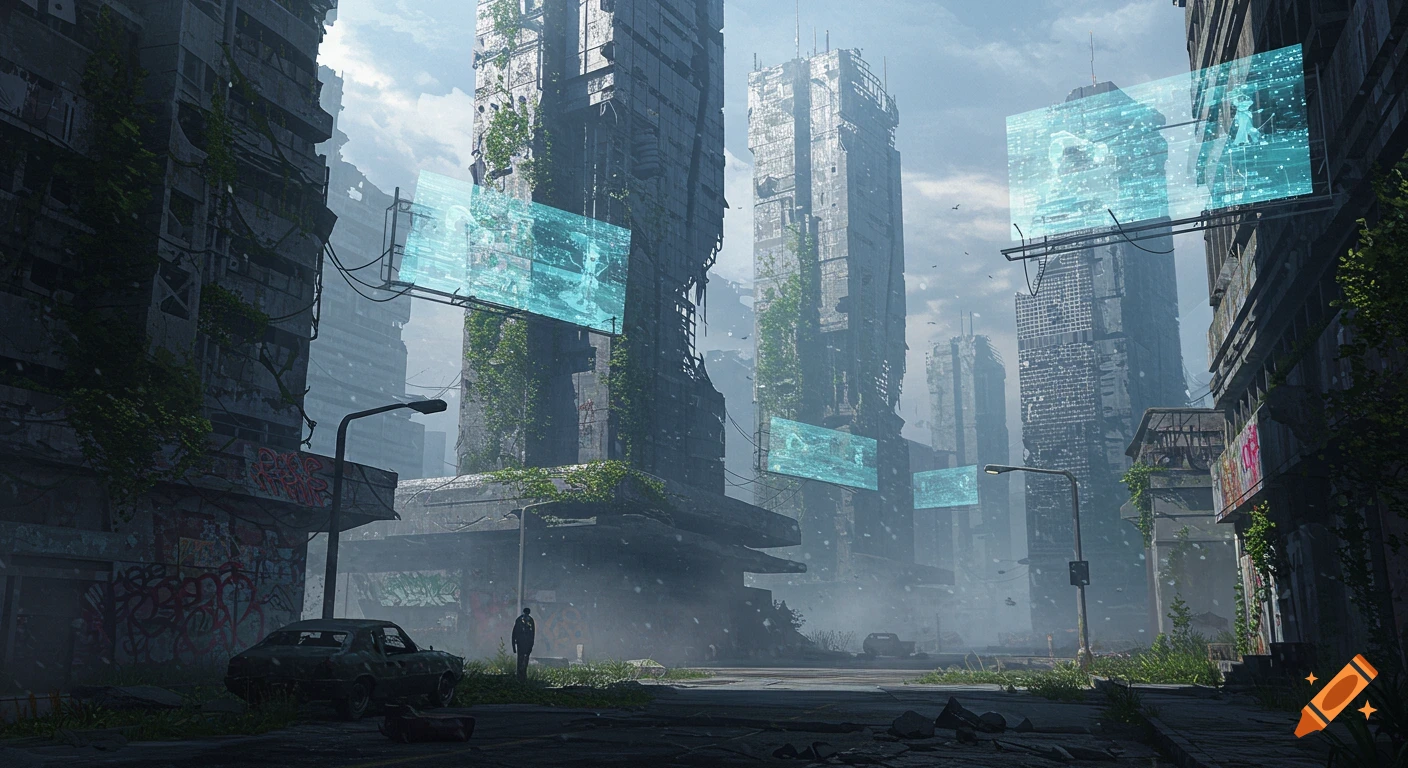 A moody, post-apocalyptic cityscape with crumbling, vine-covered skyscrapers, glowing blue holographic billboards, and an abandoned car.