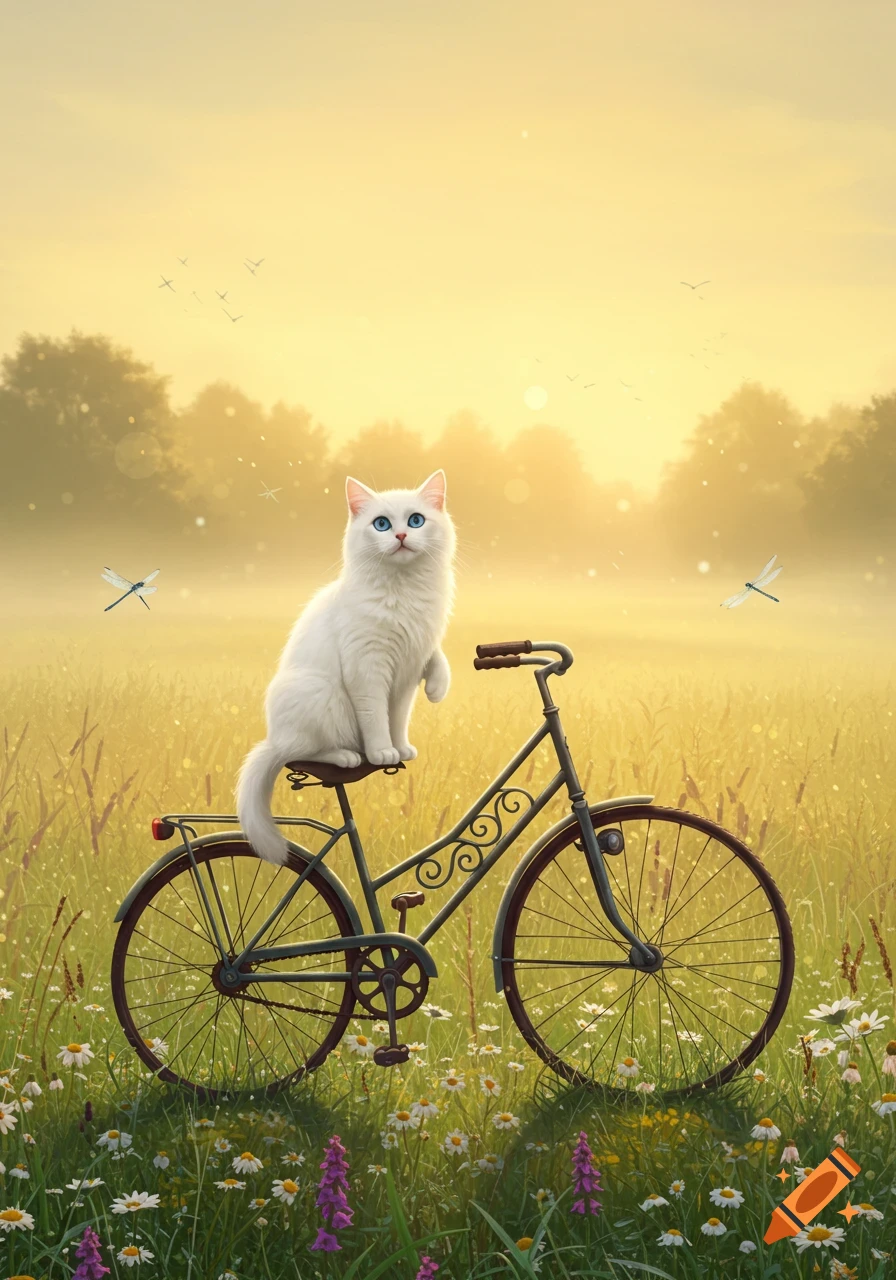 A white cat with blue eyes sits on a vintage bicycle in a sun-drenched, misty field with wildflowers.