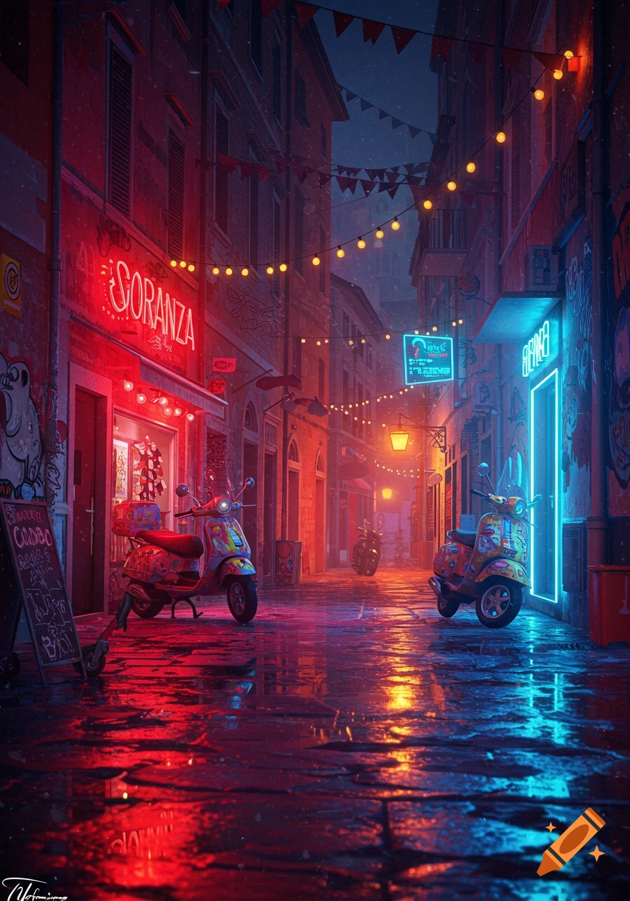 A vibrant, neon-lit urban street at night with parked scooters and glowing signs reflecting on the wet pavement.