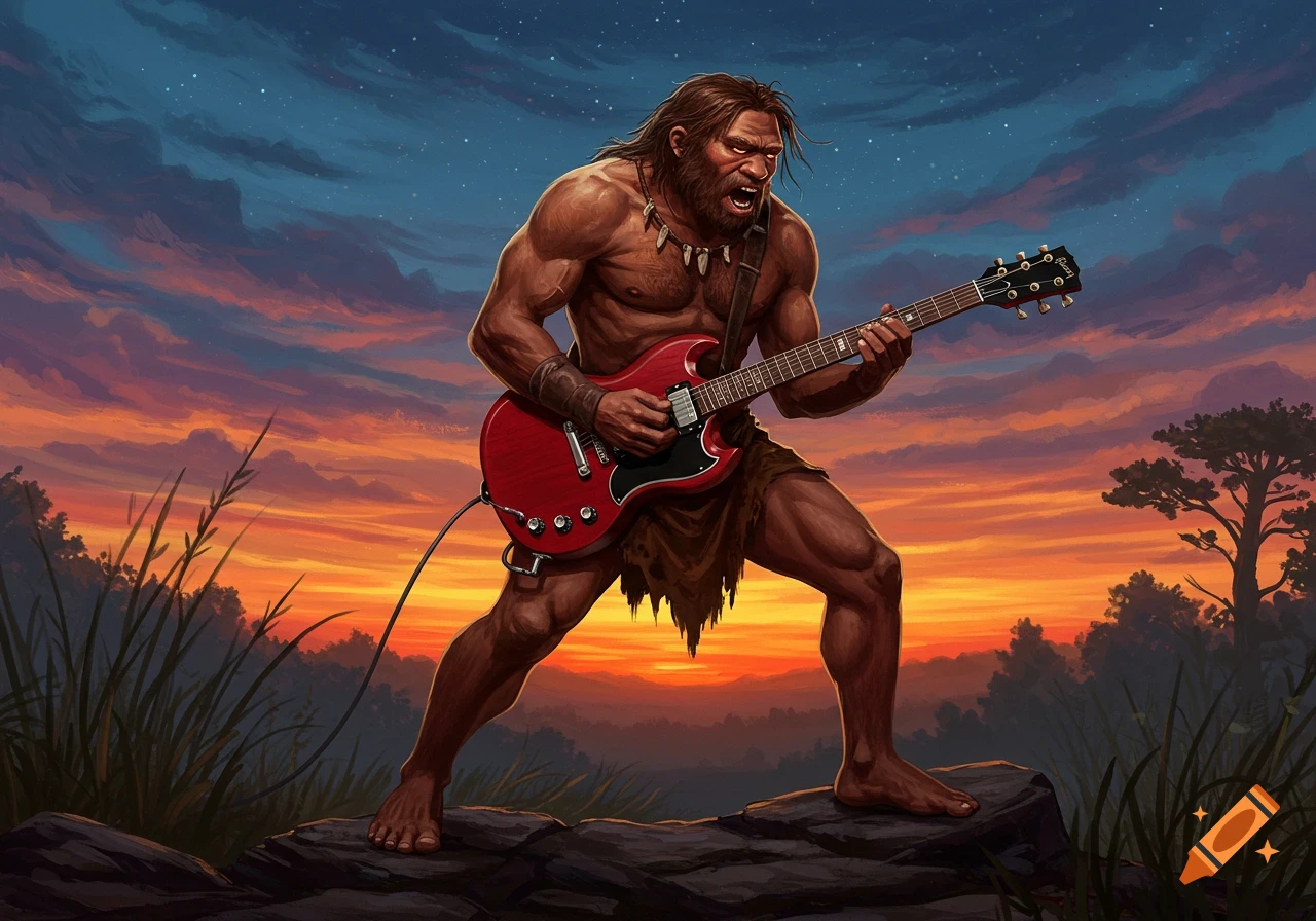 A muscular Neanderthal man with a beard and loincloth aggressively plays a red electric guitar on a rock at sunset.