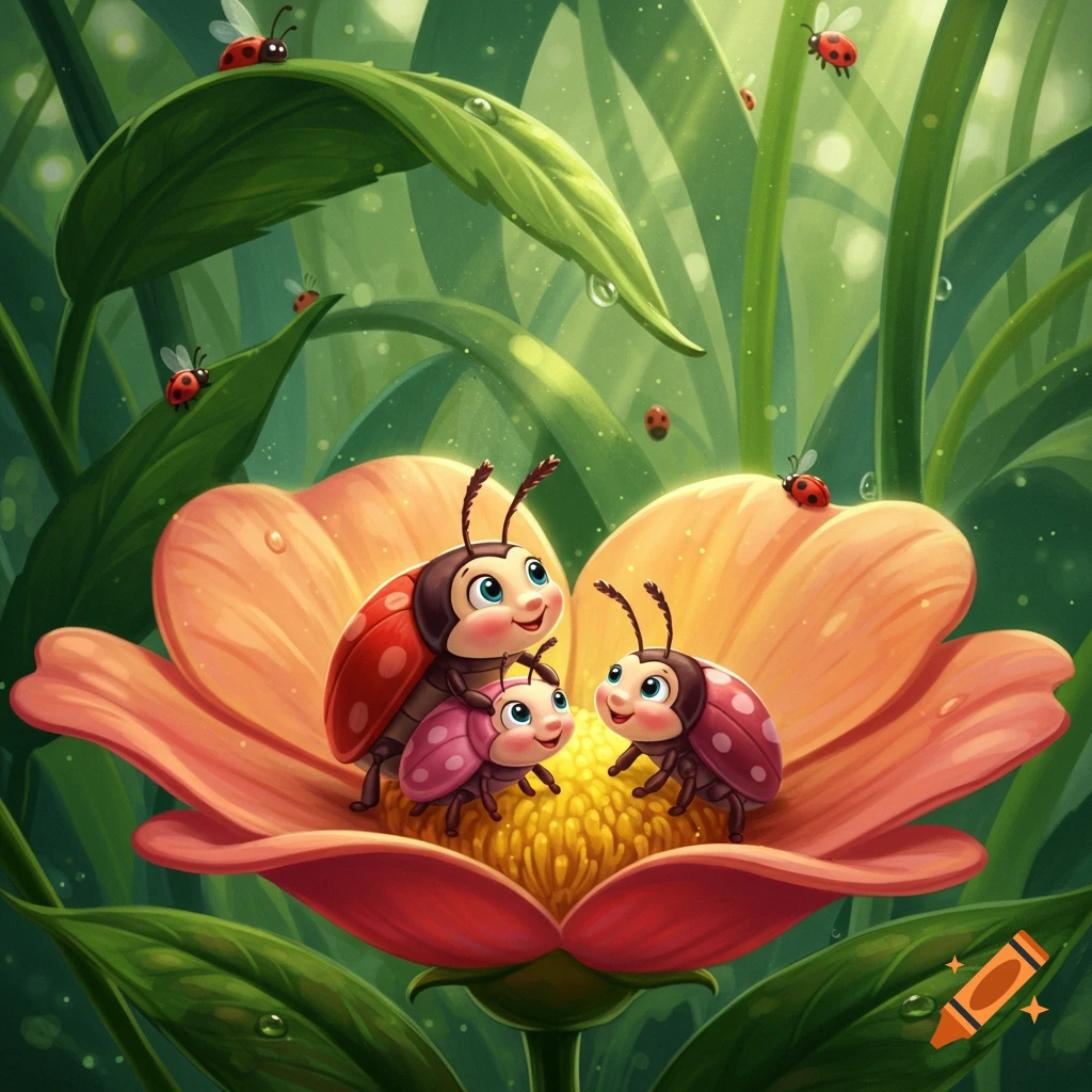 A family of cute cartoon ladybugs on a pink and yellow flower with green leaves and other ladybugs in the background.