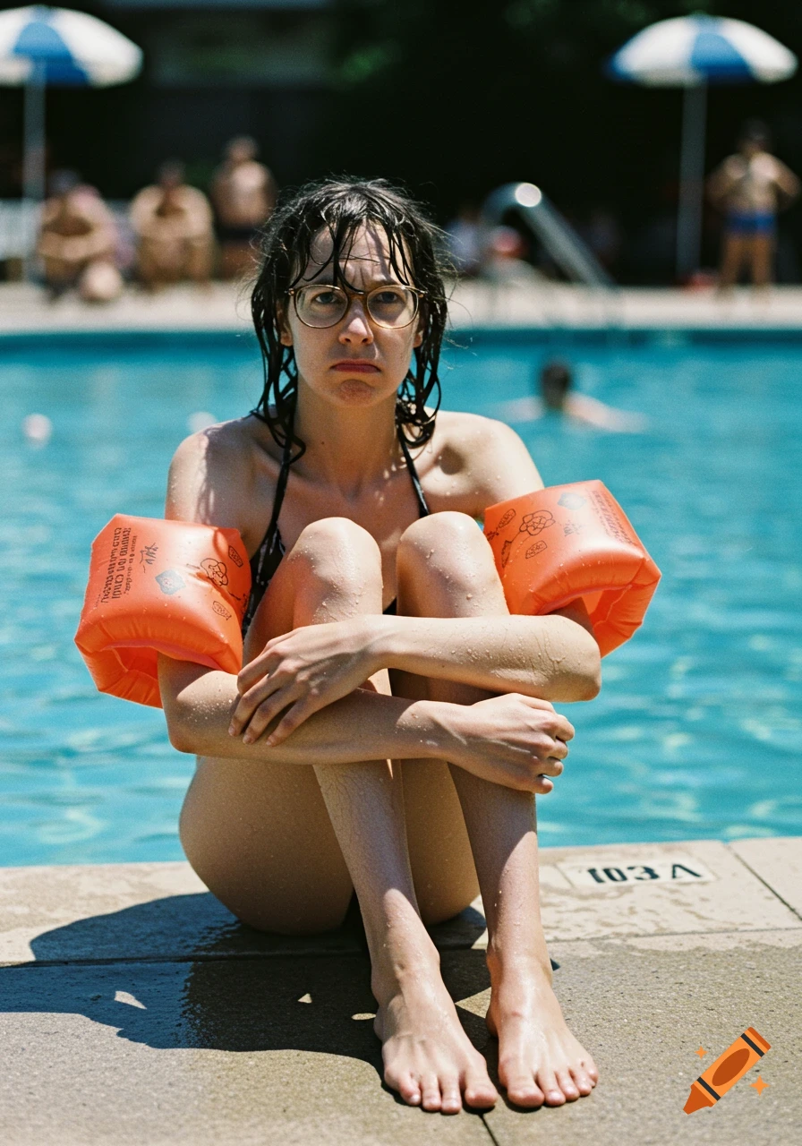 A woman with glasses and wet hair sits by a public pool with orange arm floaties, making a nervous face. Photorealistic, film grain.