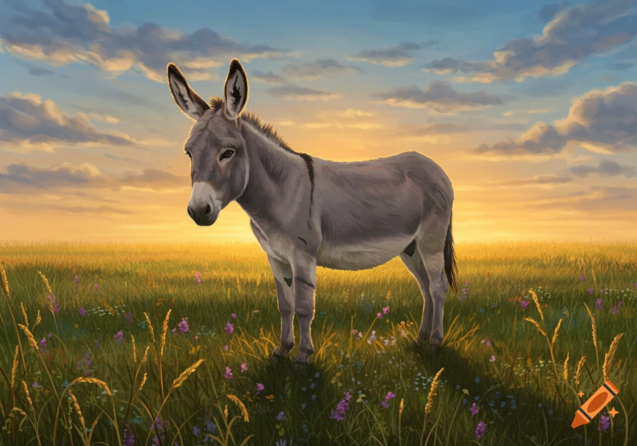 A grey donkey stands in a grassy field with wildflowers under a sunset sky with clouds, rendered in an illustrative style.