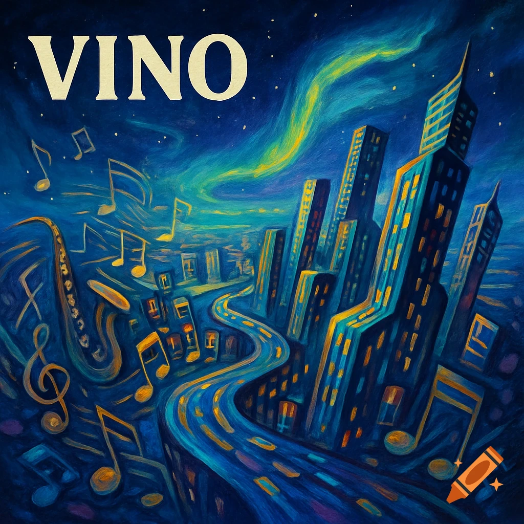 Stylized painting of a blue night city with buildings, a road, saxophone, musical notes, and aurora borealis, with 'VINO' at the top.