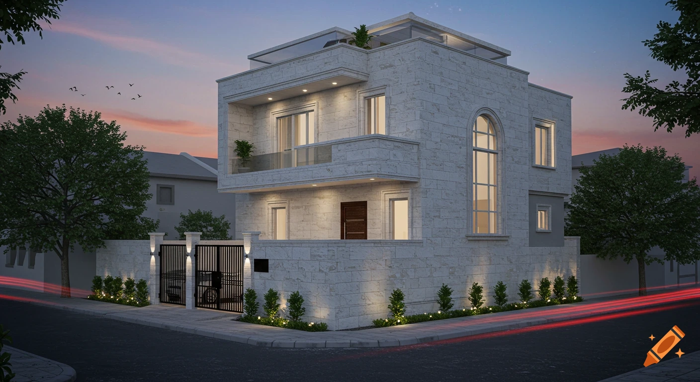 Modern, minimalist stone house with a balcony and lighted landscaping at dusk on a corner lot.