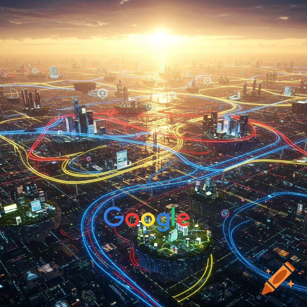 Futuristic city with glowing data lines, floating islands, and the Google logo under a sunset sky.