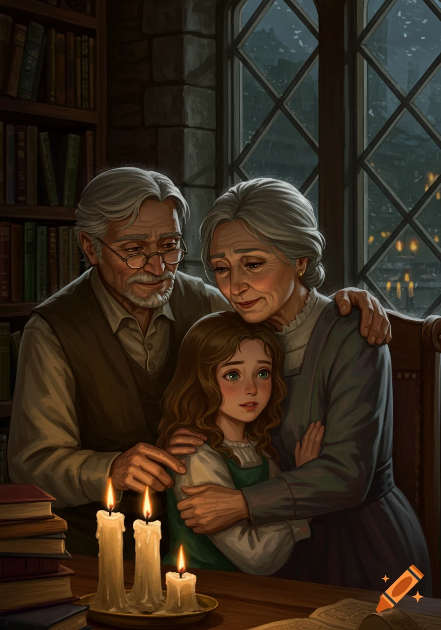 An illustration of an elderly couple embracing a young girl in a candlelit library, looking out a window at a rainy night.