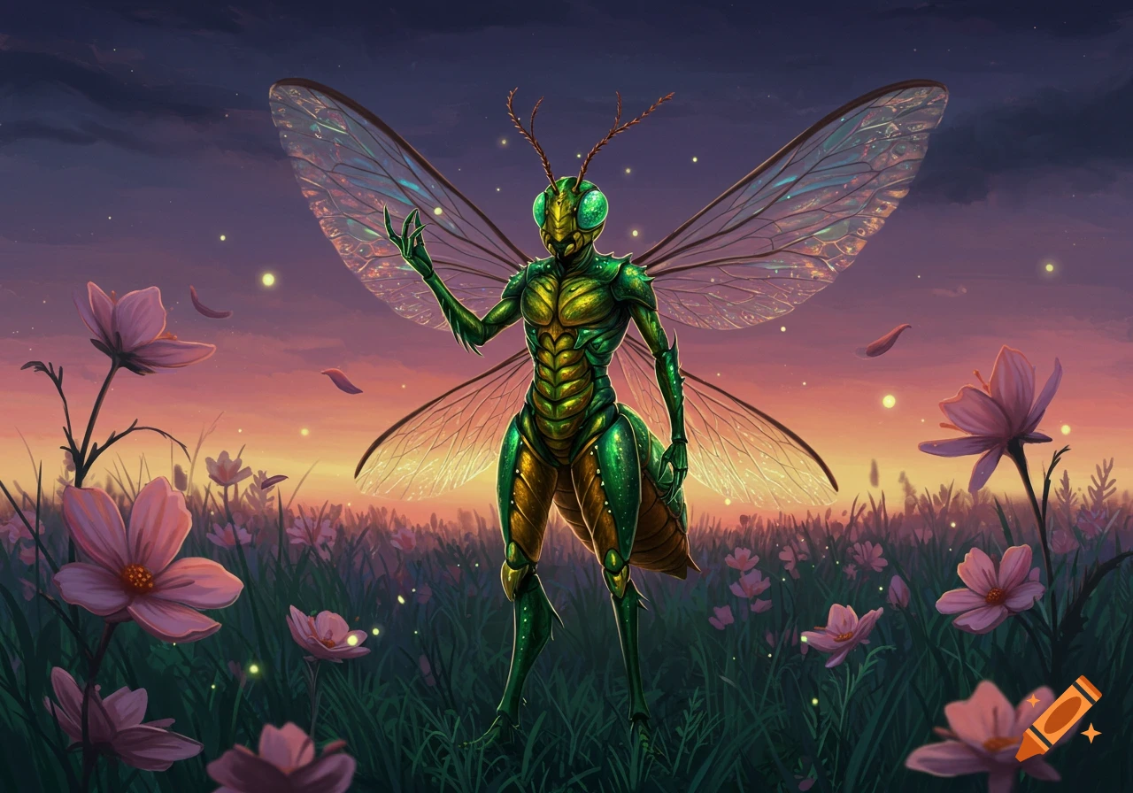 A green and gold insect-like creature with large clear wings stands in a field of pink flowers at sunset.