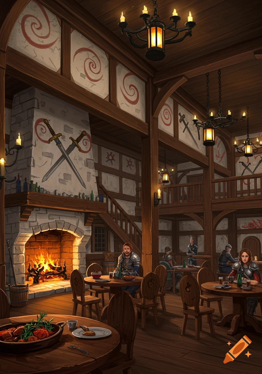 Illustrated fantasy inn interior with armored patrons, a crackling fireplace, timber beams, and decorative swords on walls.