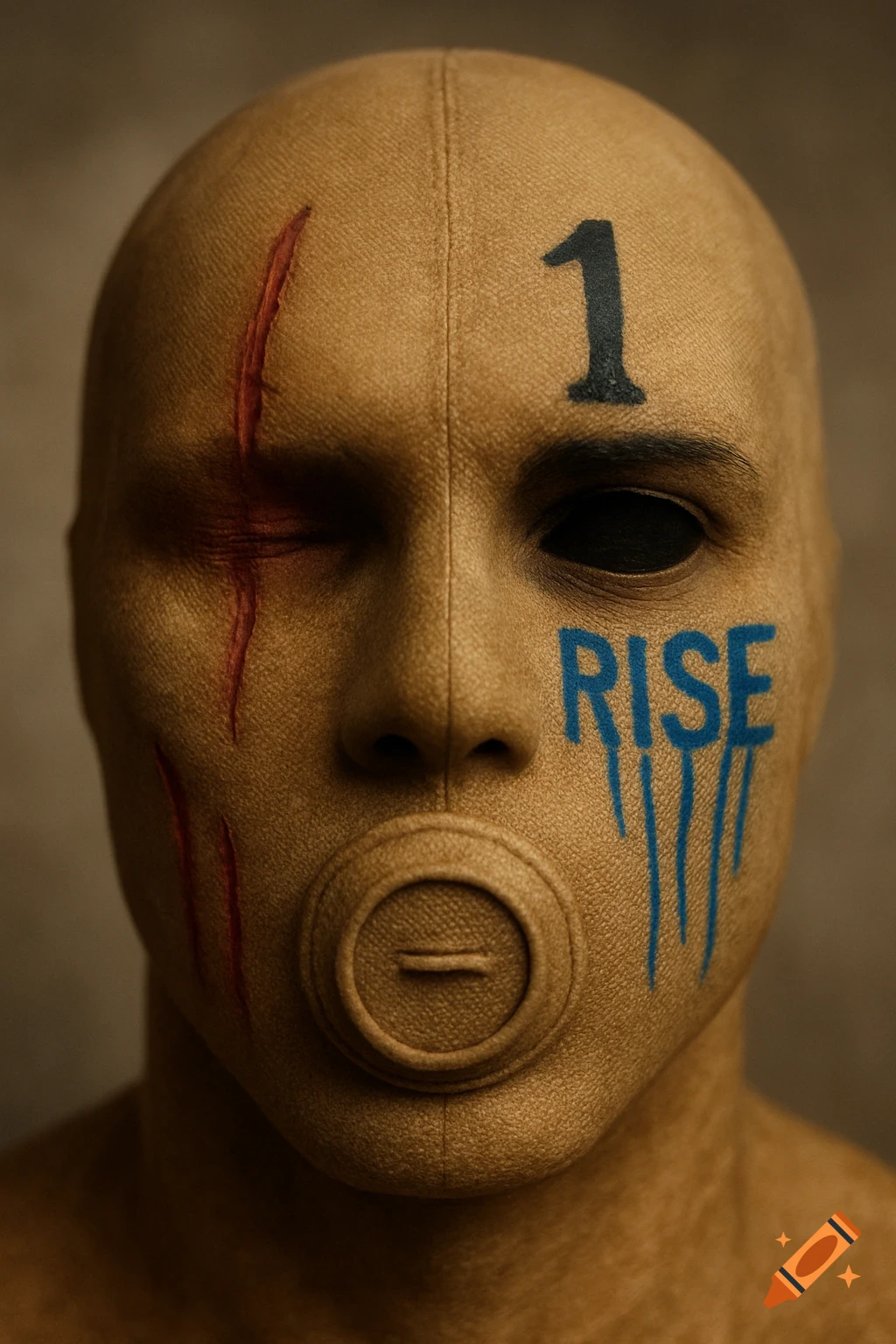 A close-up, photorealistic image of a camel-colored canvas mask with a '1' on the forehead, a red scar over the left eye, an empty right eye, and 'RISE' written in blue with bleeding lines on the right cheek.