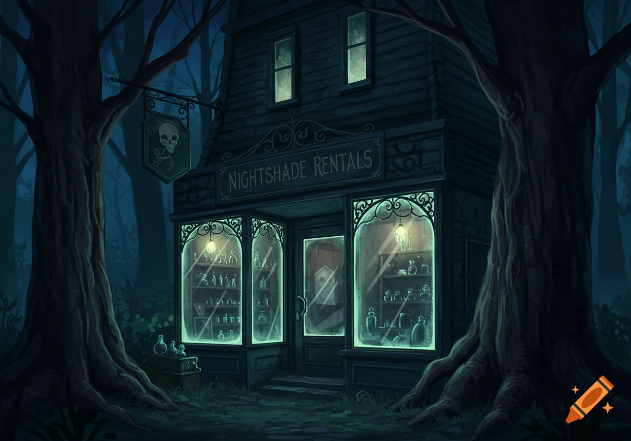 An illustration of a spooky "Nightshade Rentals" shop in a dark forest at night, with glowing bottles in the windows.