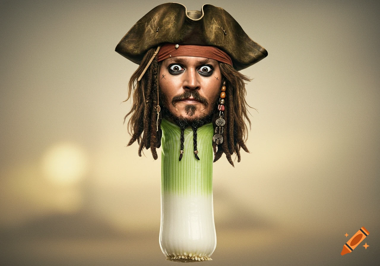 Photorealistic image of Captain Jack Sparrow's head on a leek, looking wide-eyed at the viewer against a blurred background.