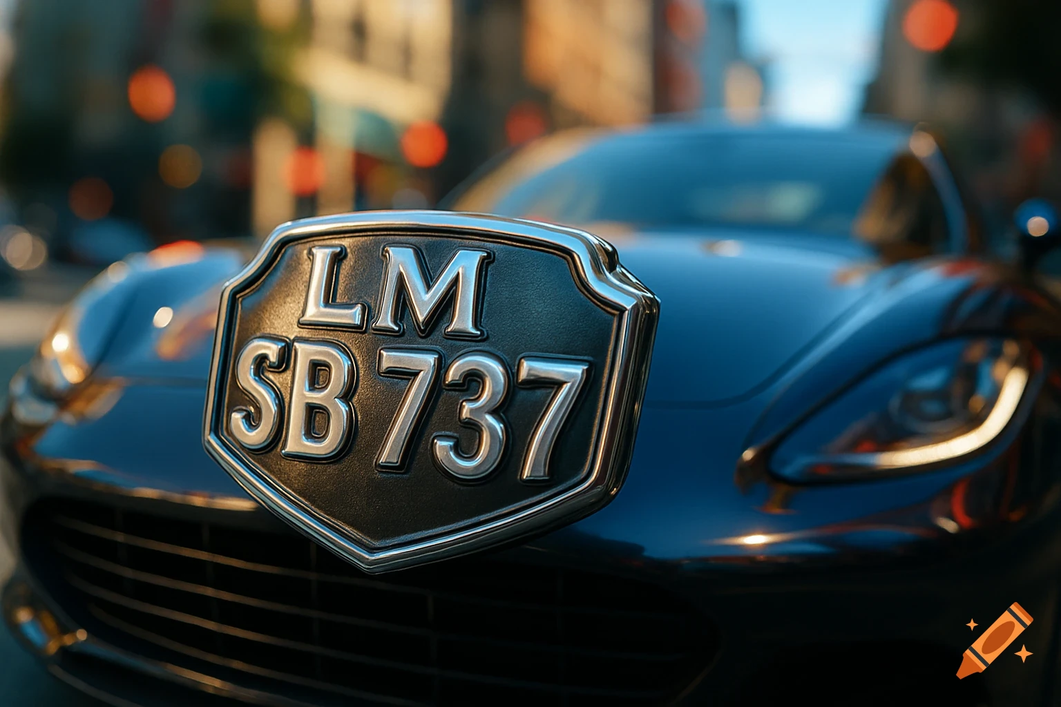 Photorealistic close-up of a dark blue car's front with a metal sign prominently displaying 'LM SB 737'.